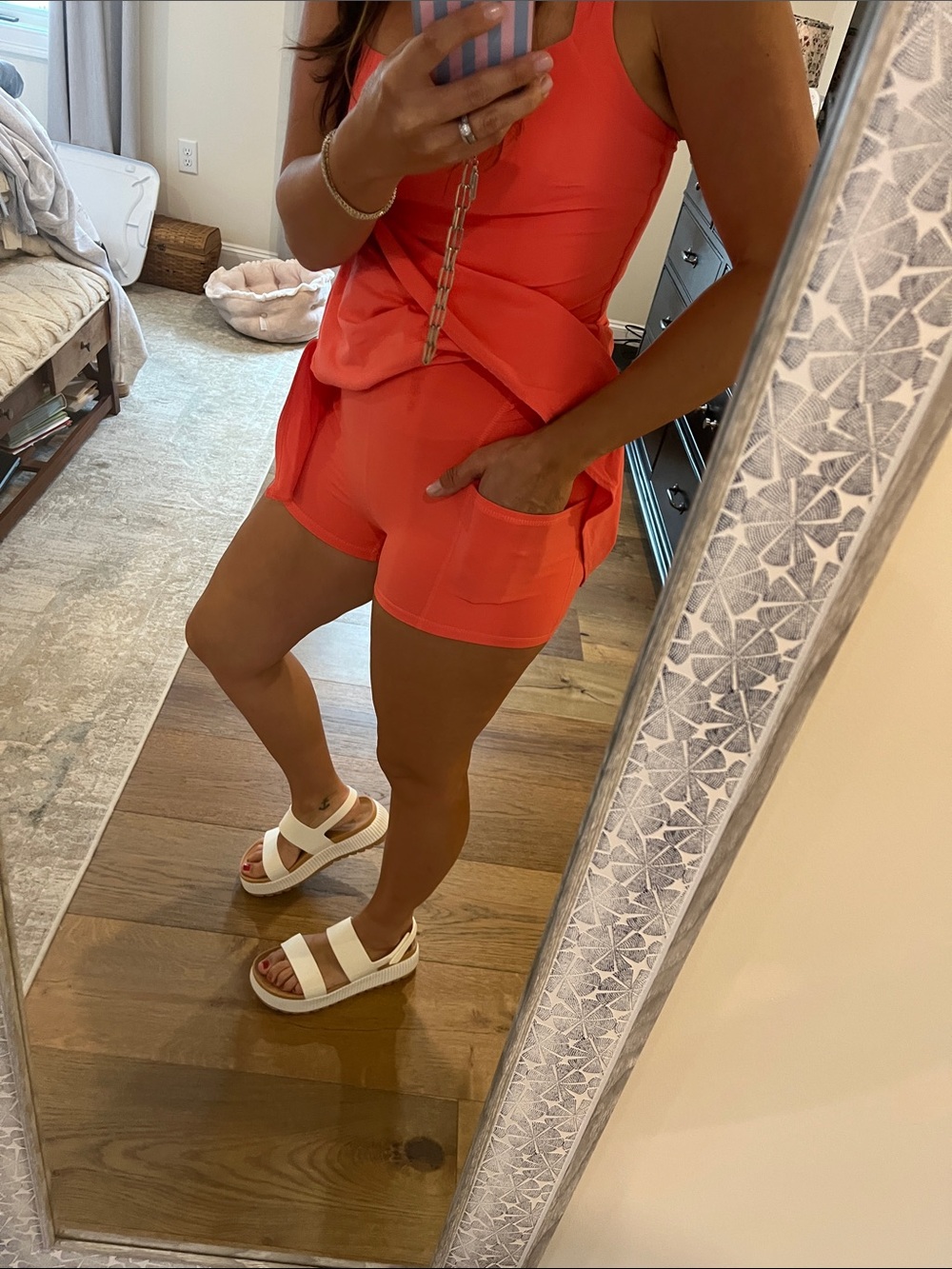 Athletic Coral Skater Dress with Side Slit and shorts - Picture 2 of 5
